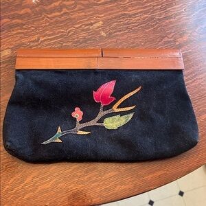 Vintage Black Suede Floral Leather Wood Handle Large Clutch Purse XC